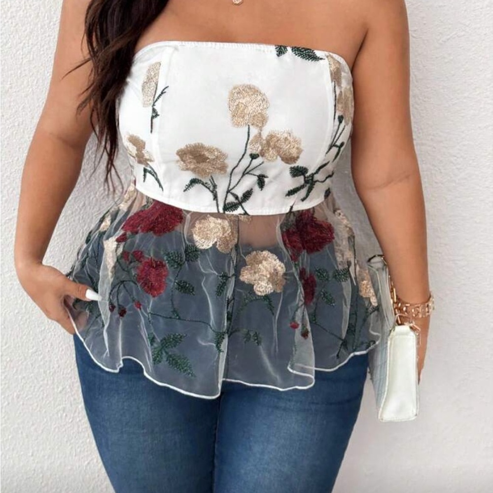 Floral Embroidered Strapless Top
